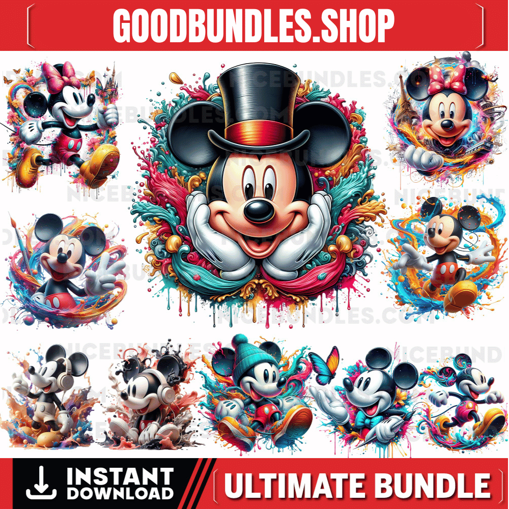 10 PNG Mickey Mouse Splash and Watercolor Digital design PNG file for sublimation – High Resolution -Instant Digital PNG Download