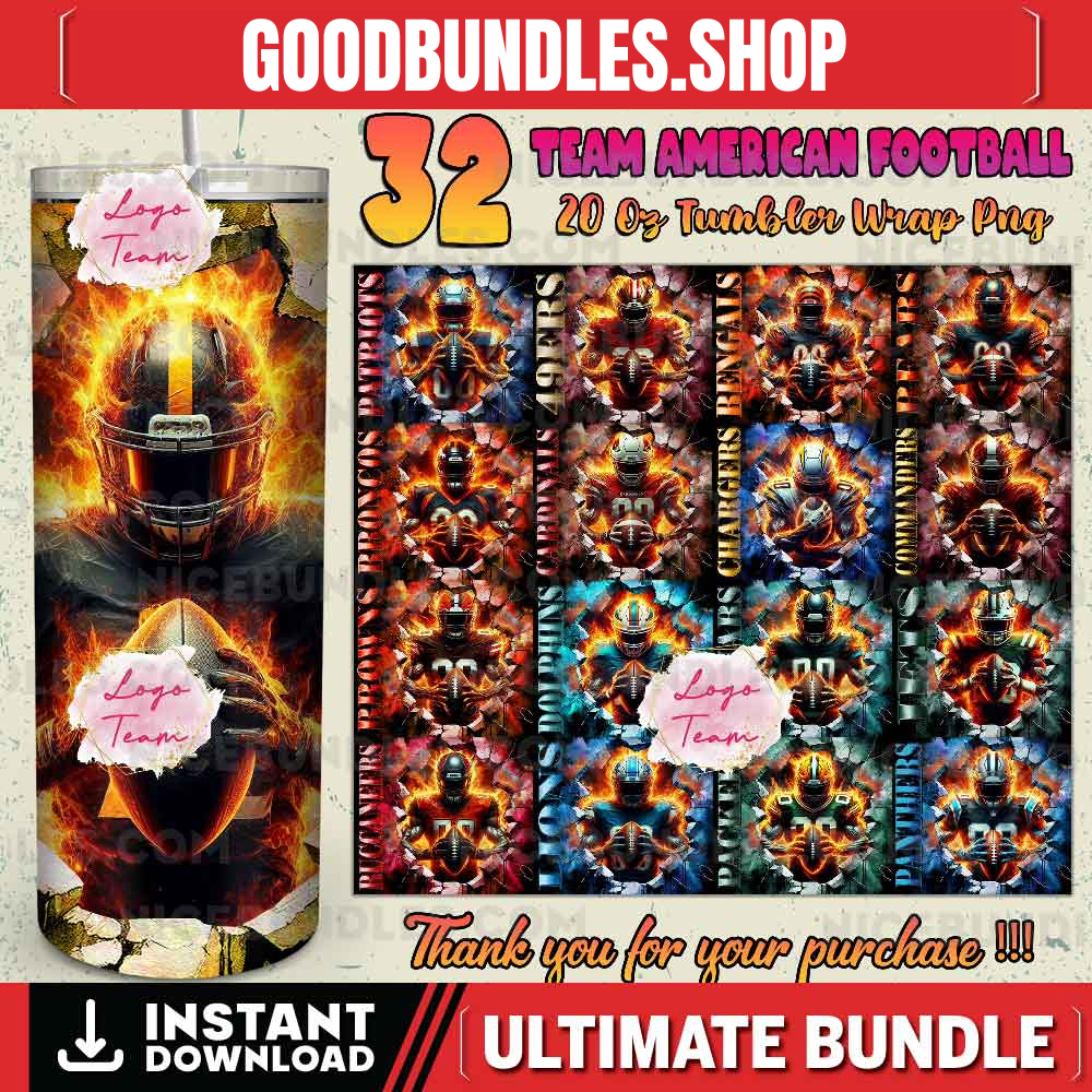 32 Team American Football Tumbler PNG Sublimation Designs, Football Mascot 20oz Skinny Tumbler Wrap PNG, Football Png Digital Download, NFL Tumbler