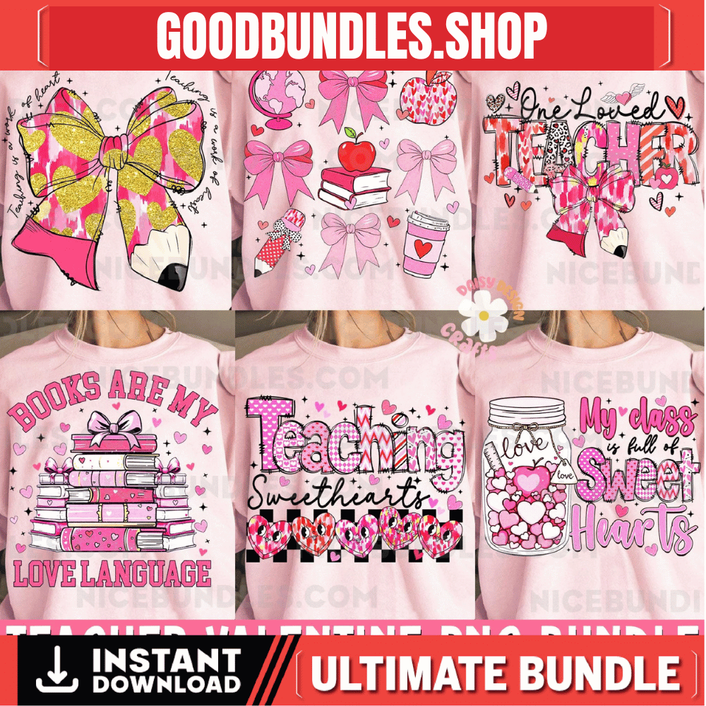 Teacher Valentine PNG Bundle, Teacher Coquette Png, Valentine Day Png, Retro Valentine, Valentine Teacher Heart Pencil Png, Gift for Teacher