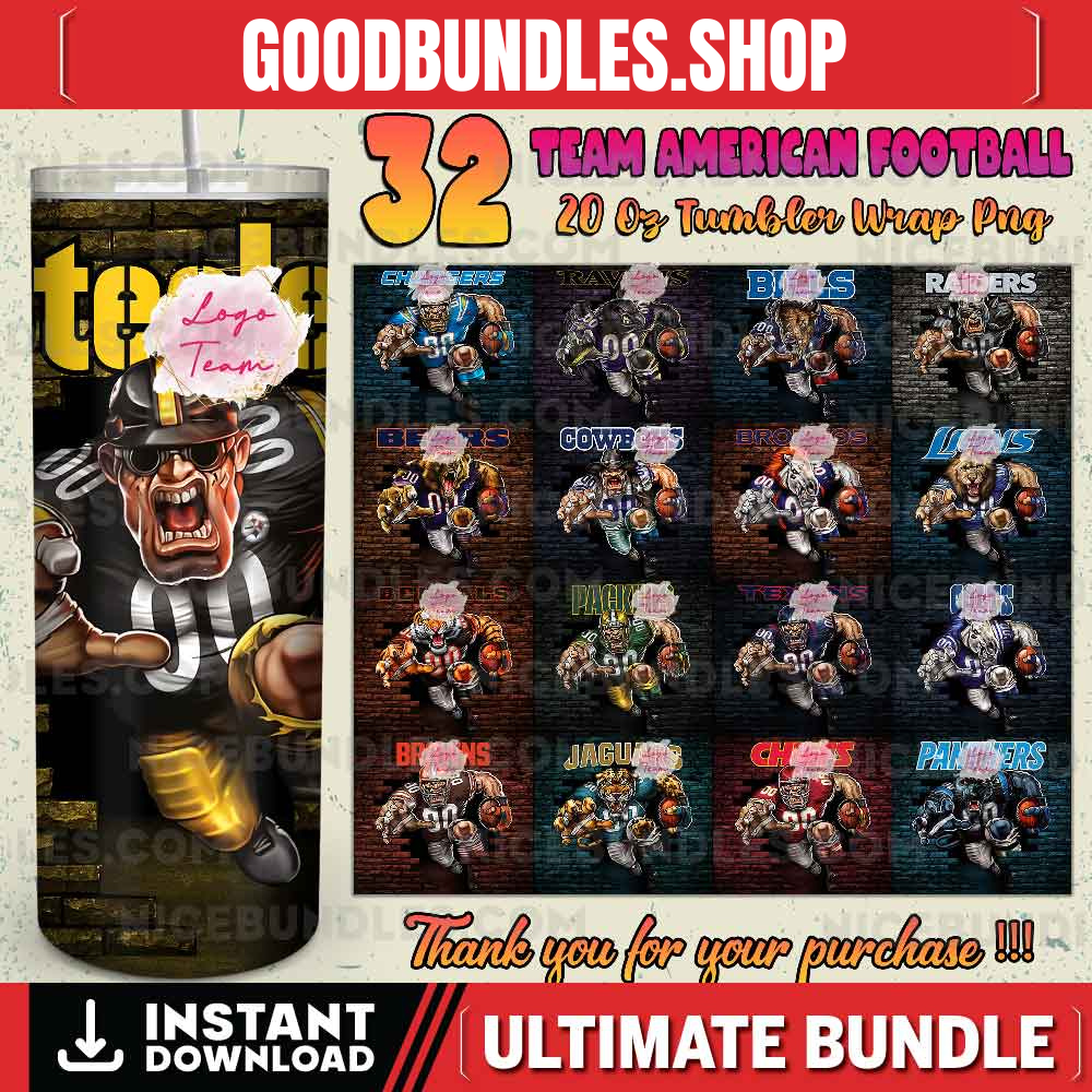 32 Team American Football Tumbler PNG Sublimation Designs, Football Mascot 20oz Skinny Tumbler Wrap PNG, Football Png Digital Download, NFL Tumbler