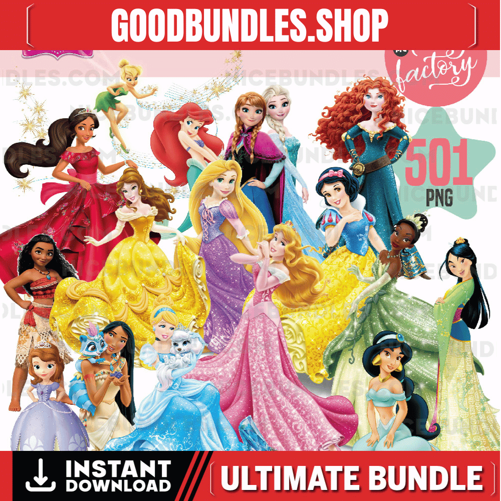 Princess 501 PNG Bundle, Princess Clipart Instant Download, Birthday, Moana, Frozen, Snow White, sleeping Beauty, Aurora, Jazmin