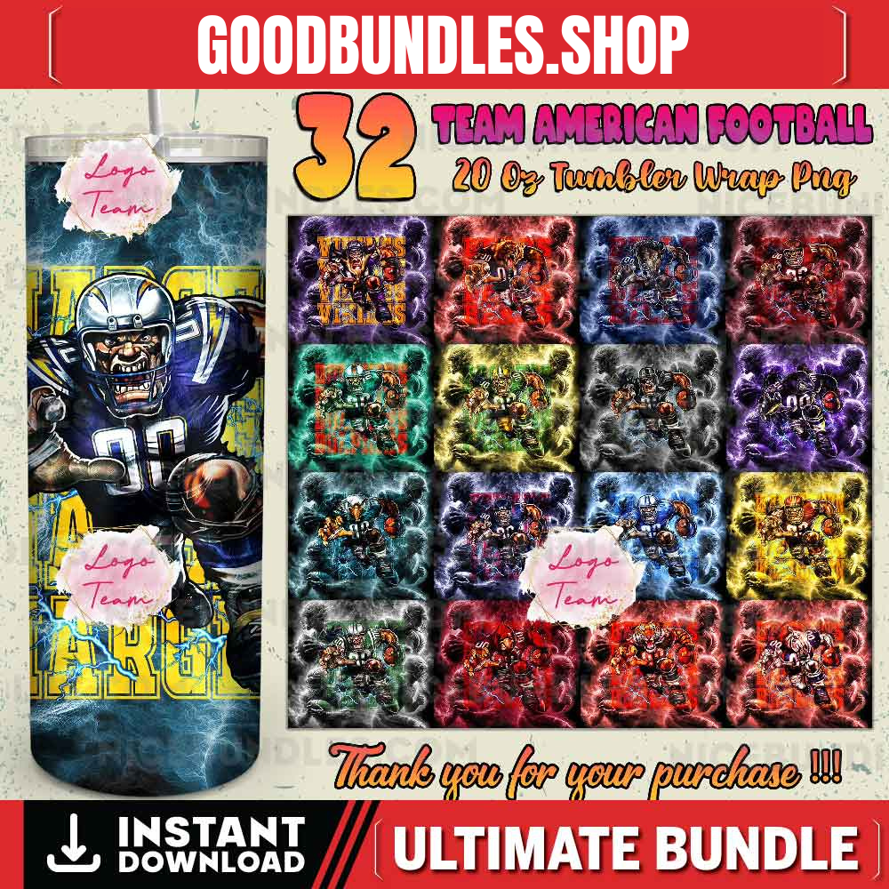 32 Team American Football Tumbler PNG Sublimation Designs, Football Mascot 20oz Skinny Tumbler Wrap PNG, Football Png Digital Download, NFL Tumbler