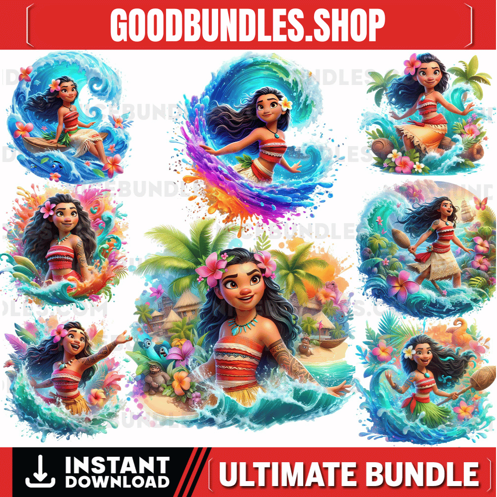 8 PNG Moana Splash and Watercolor Digital design PNG file for sublimation – High Resolution -Instant Digital PNG Download