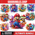 8 PNG Super Mario Splash and Watercolor Digital design PNG file for sublimation – High Resolution -Instant Digital PNG Download