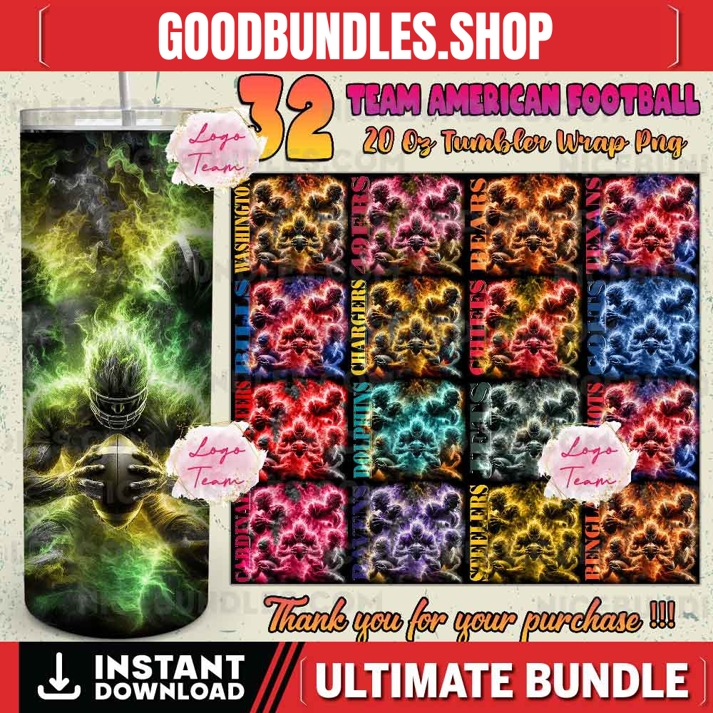 32 Team American Football Tumbler PNG Sublimation Designs, Football Mascot 20oz Skinny Tumbler Wrap PNG, Football Png Digital Download, NFL Tumbler