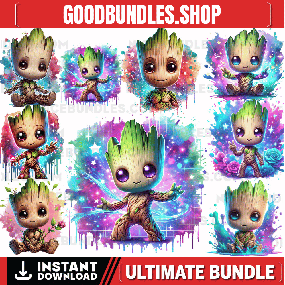 Set of 8 Watercolor splash Baby Groot png Digital images for printing, T-Shirts, Groot Print High Resolution-Instant Digital Download
