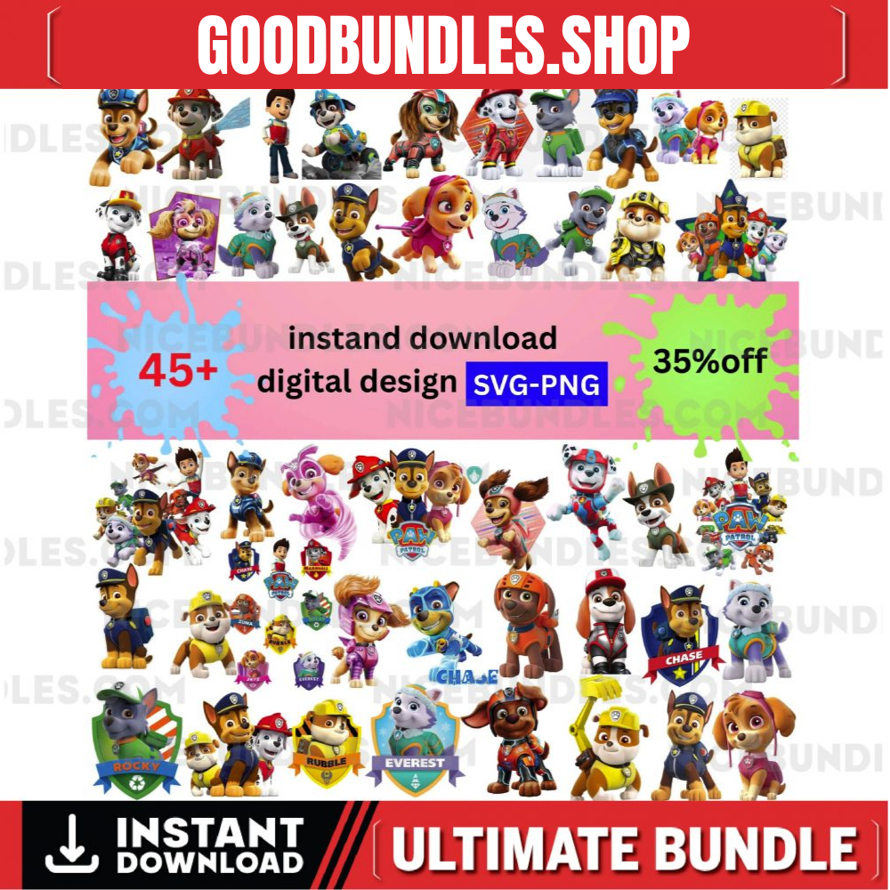 Paw Patrol SVG Bundle | 45+ Characters | Instant Download | PNG & SVG Cut Files | Kids Birthday Party Clipart | Cricut Files