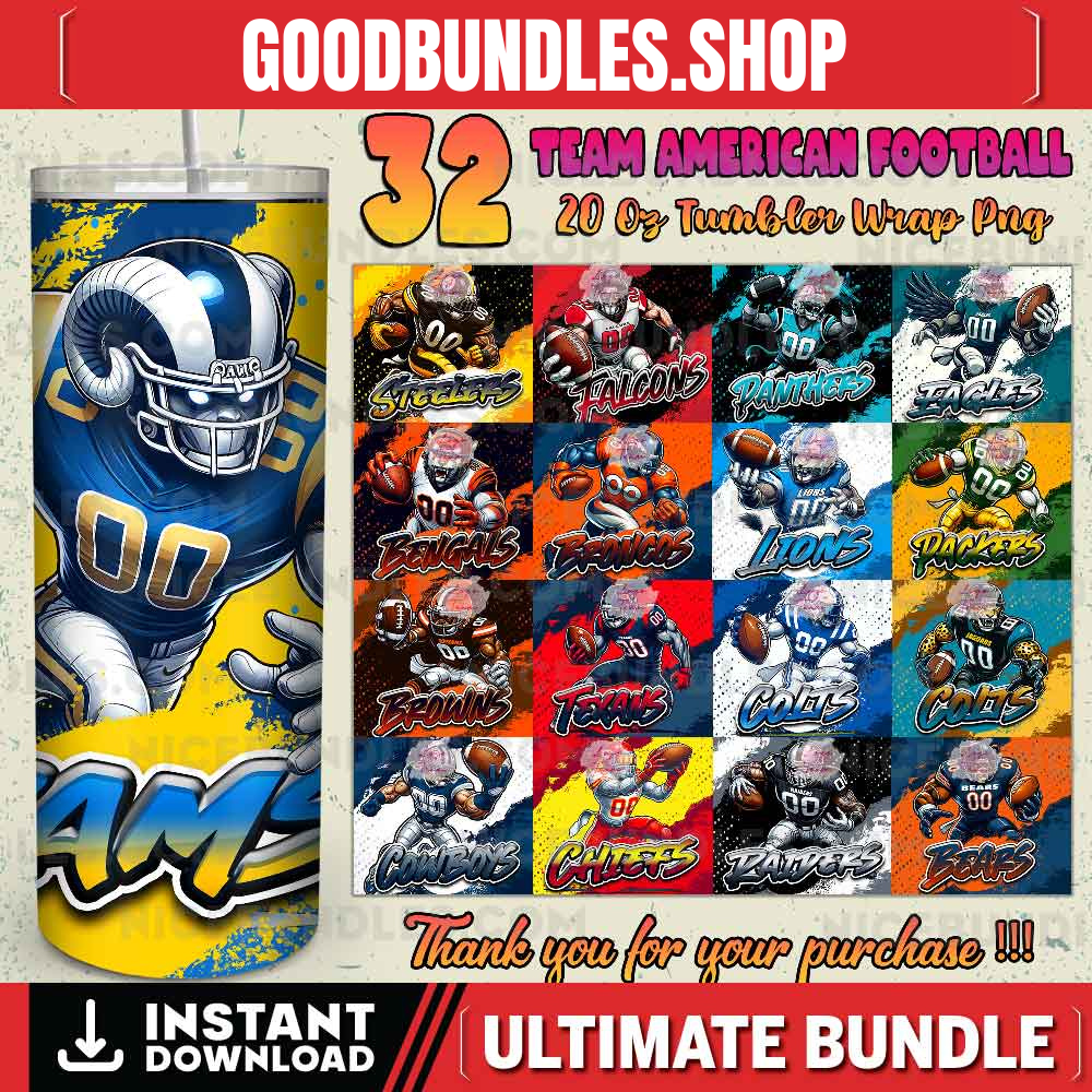 32 Team American Football Tumbler PNG Sublimation Designs, Football Mascot 20oz Skinny Tumbler Wrap PNG, Football Png Digital Download, NFL Tumbler