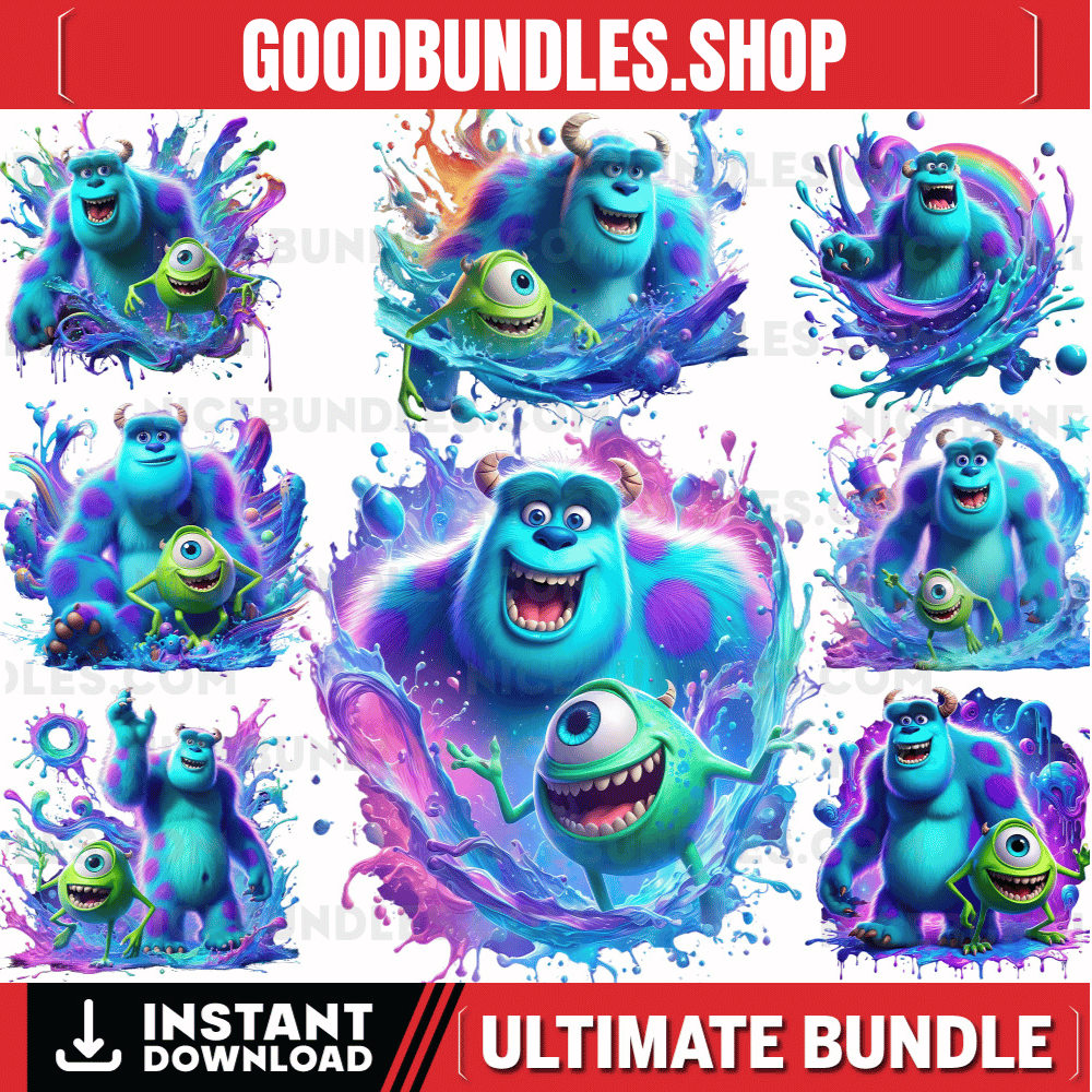 8 PNG Monsters Inc Splash and Watercolor Digital design PNG file for sublimation – High Resolution -Instant Digital PNG Download