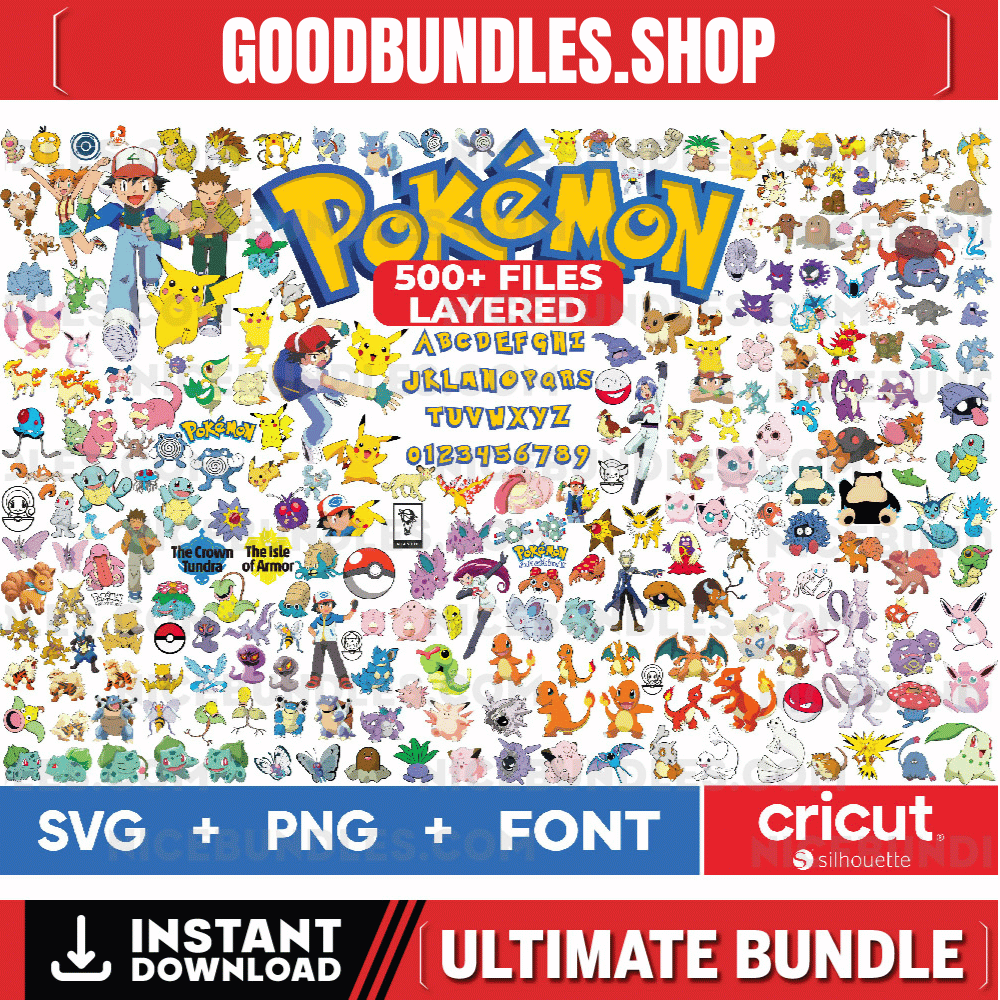Pokemon SVG Bundle, Pokemon Font Svg, Pikachu Svg Files for Cricut and Silhouette, Mew, Snorlax, Eevee, Mewtwo Clipart Digital Download