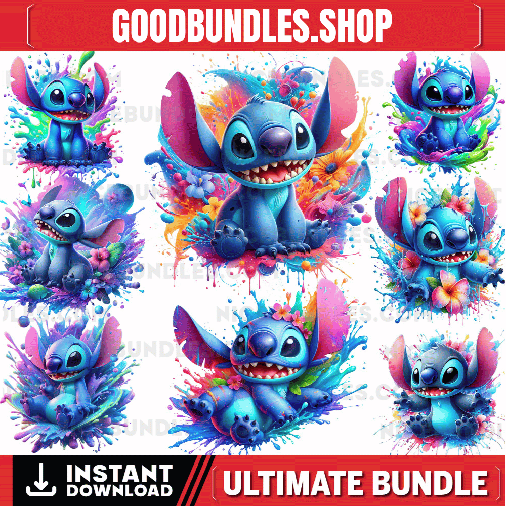 8 PNG Stitch Splash and Watercolor Digital design PNG file for sublimation – High Resolution -Instant Digital PNG Download