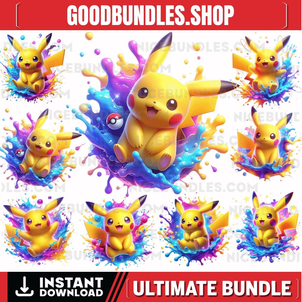 8 PNG Pikachu Splash and Watercolor Digital design PNG file for sublimation – High Resolution -Instant Digital PNG Download