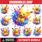 8 PNG Pikachu Splash and Watercolor Digital design PNG file for sublimation – High Resolution -Instant Digital PNG Download
