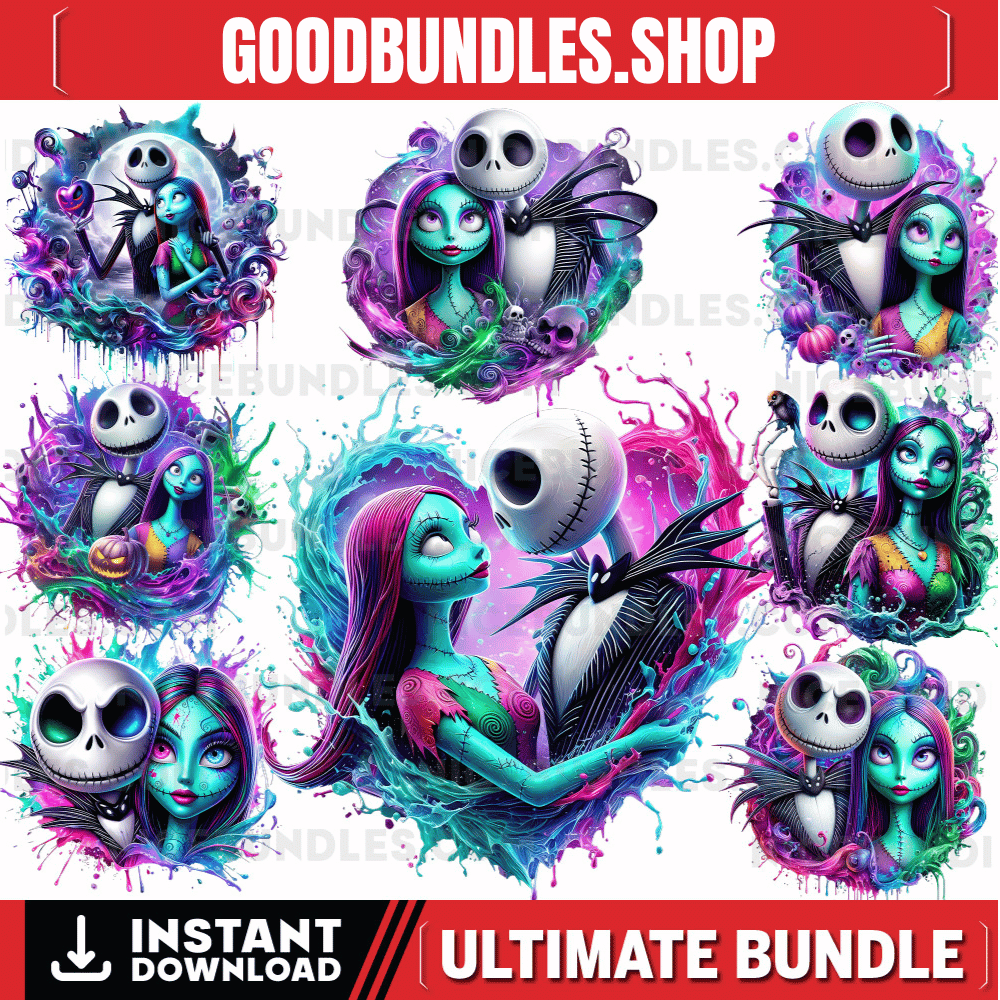 8 PNG Jack and Sally Splash and Watercolor Digital design PNG file for sublimation – High Resolution -Instant Digital PNG Download