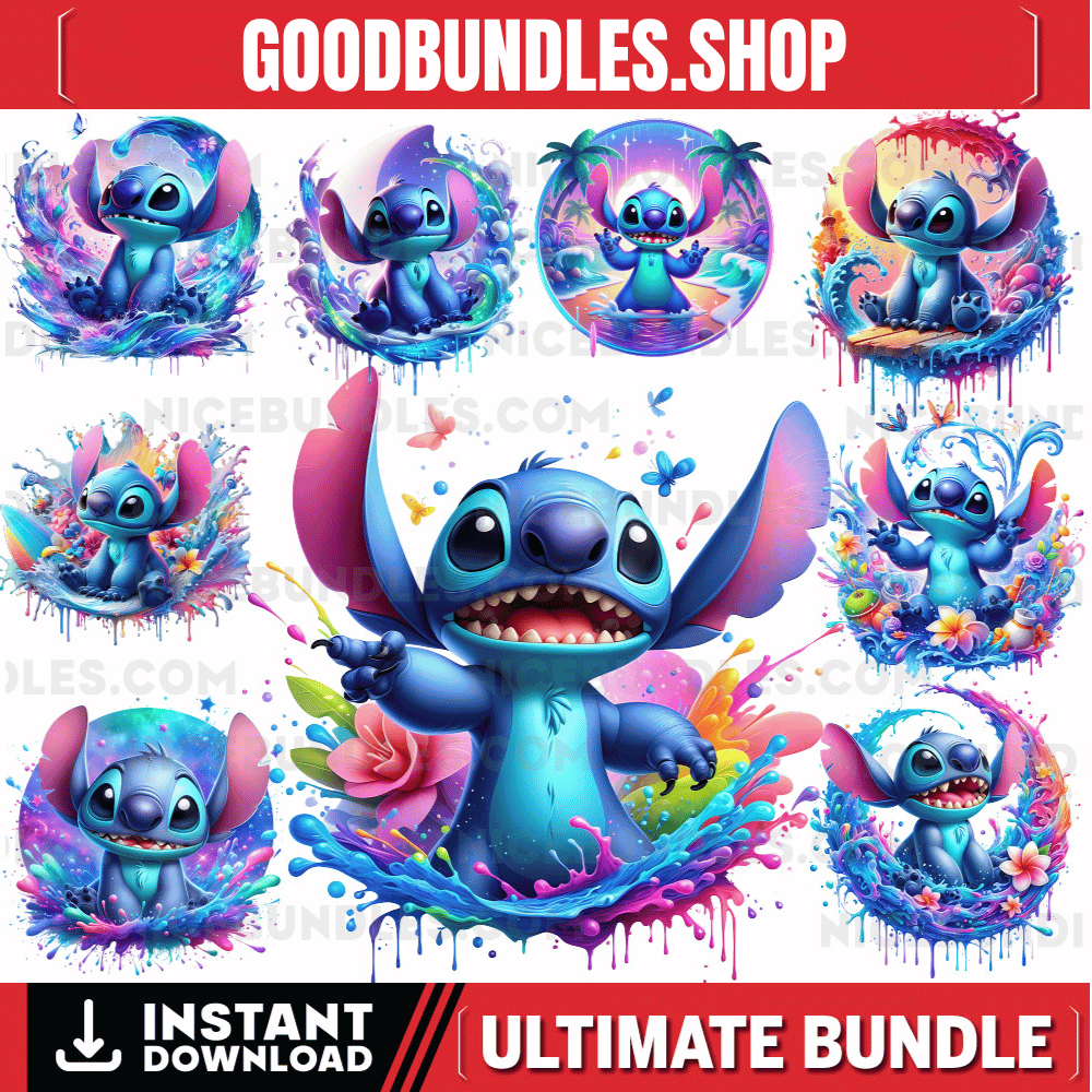 9 PNG Stitch Splash and Watercolor Digital design PNG file for sublimation – High Resolution -Instant Digital PNG Download