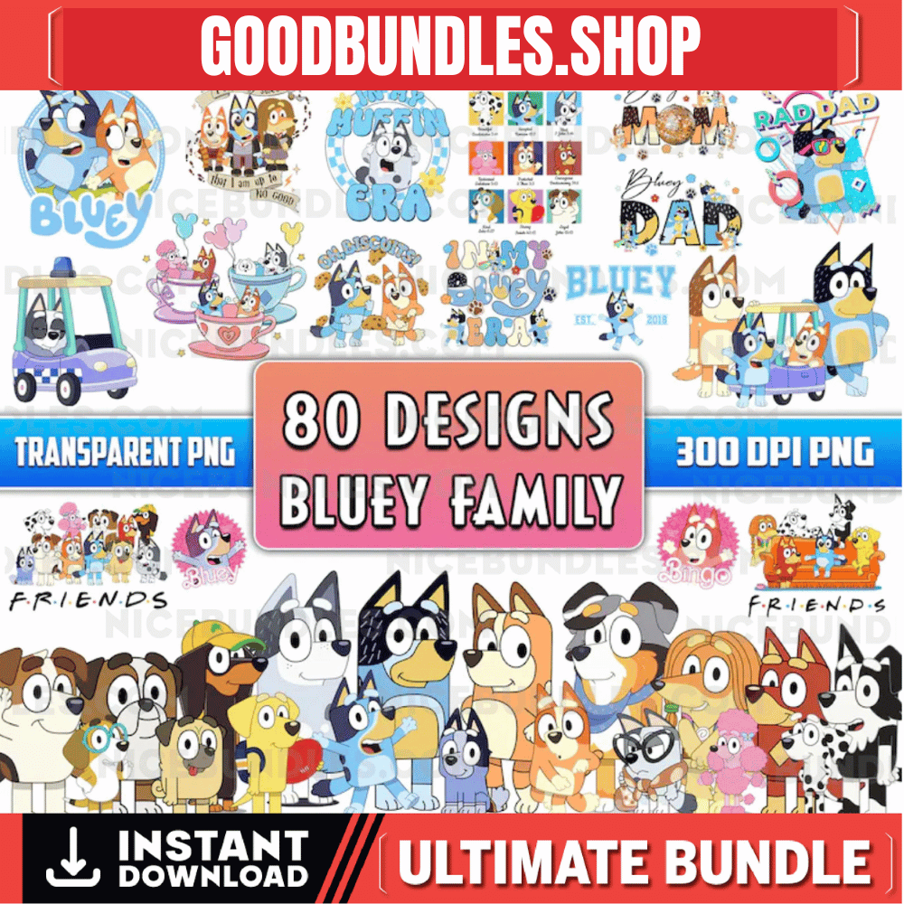 Blue Dog Family with Friends Svg, 72 Designs Easy to use, Cartoon Characters, Layered Svg colors, Transparent Png, Cut files for Cricut