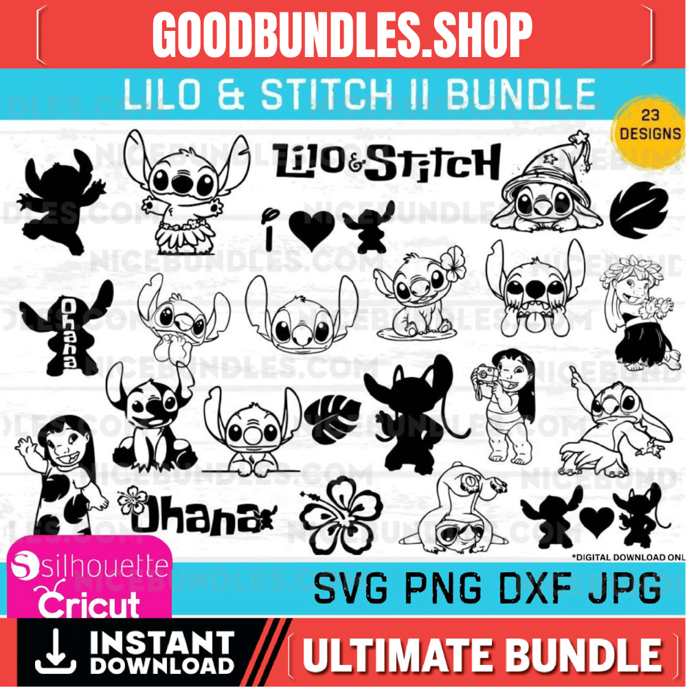 Bundle of SVG, PNG, DXF Lilo and Stitch Bundle No.2, Ohana svg, Stitch clip art, Stitch and Angel svgs, Lilo and Stitch-Digital Downloads