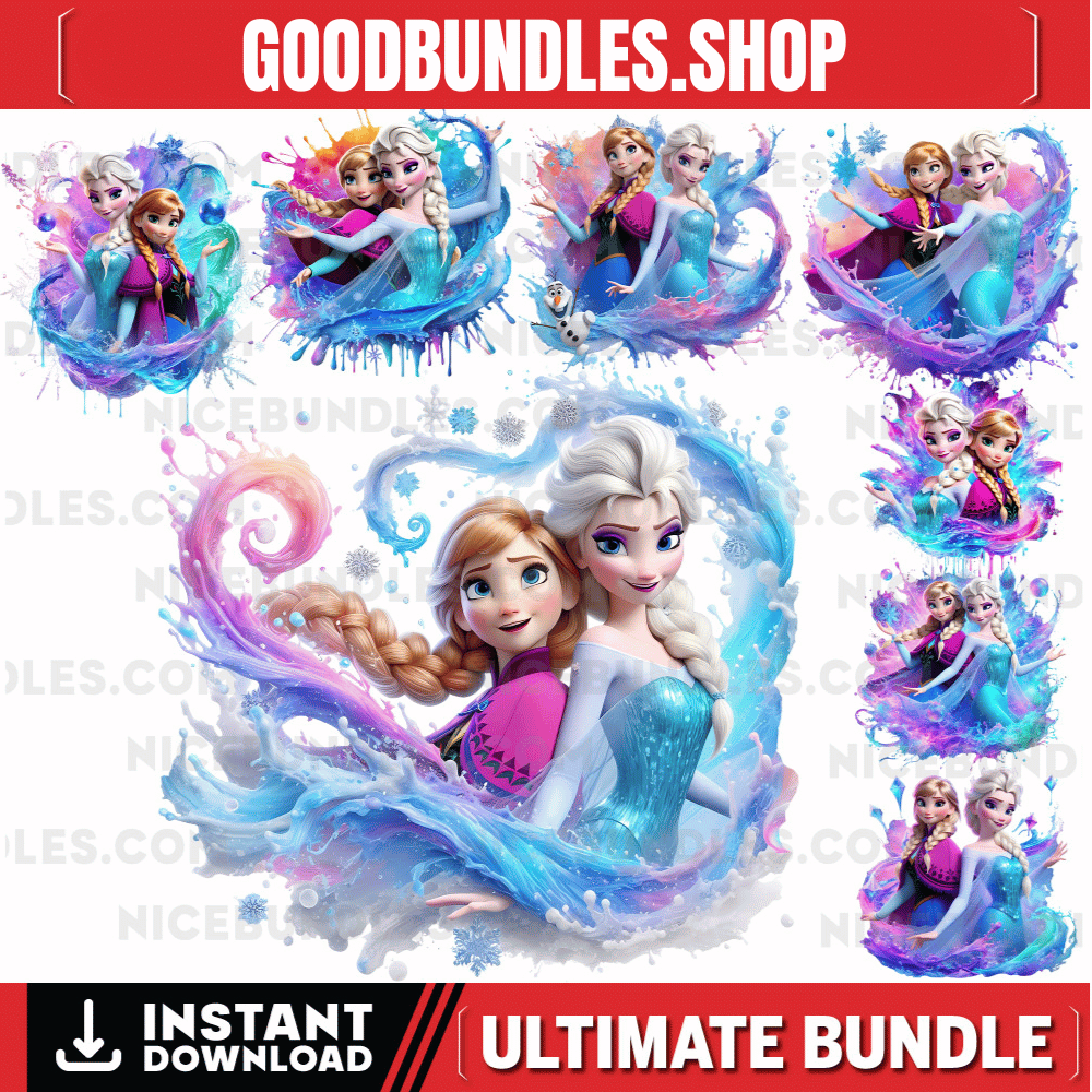 8 PNG Elsa and Anna Frozen Splash and Watercolor Digital design PNG file for sublimation – High Resolution -Instant Digital PNG Download