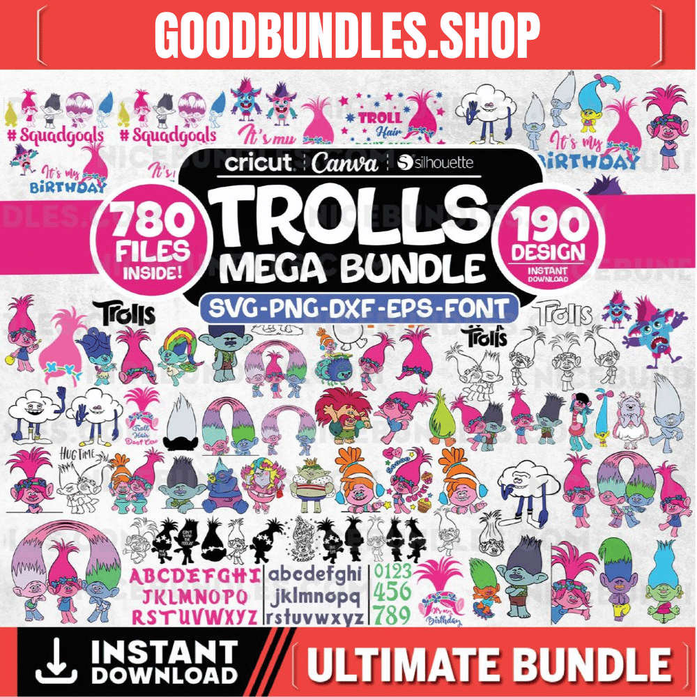 Trolls Svg Mega Bundle, Trolls Png, Svg for Cricut, Svg Birthday, Trolls Font, Trolls Alphabet, Trolls Clipart, Instant Download, Silhouette