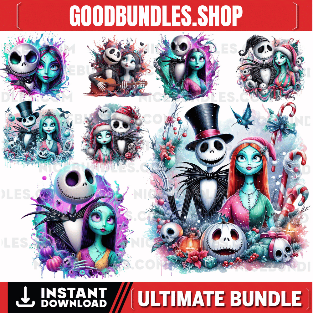 8 PNG Watercolor and splash Jack and Sally png for Christmas,Nightmare Before Christmas Jack and Sally PNG