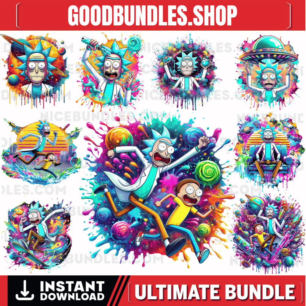 9 PNG Rick and Morty Splash and Watercolor Digital design PNG file for sublimation – High Resolution -Instant Digital PNG Download