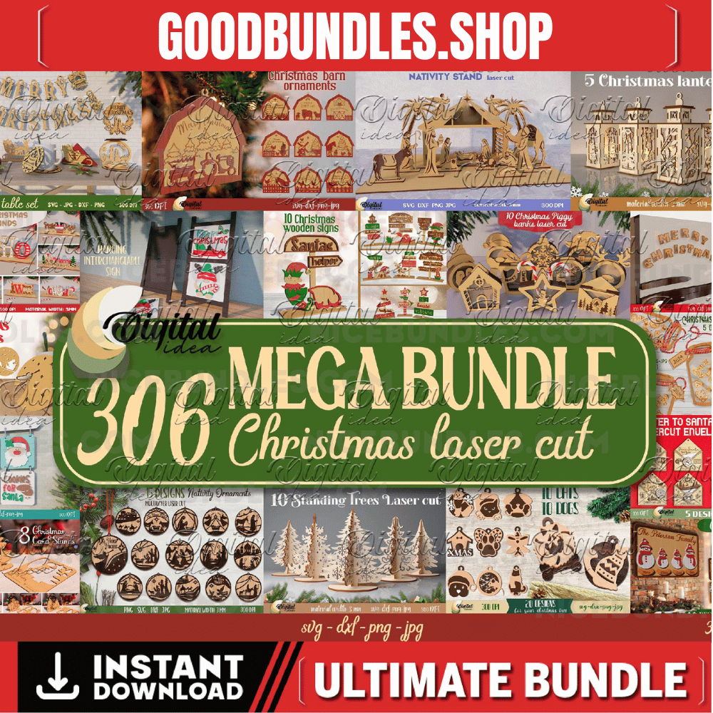 Christmas Laser cut Mega Bundle, 306 Christmas lasercut deisgn, 3D Xmas lasercut SVG, Candle holder, lantern, sign, stand, coaster glowforge