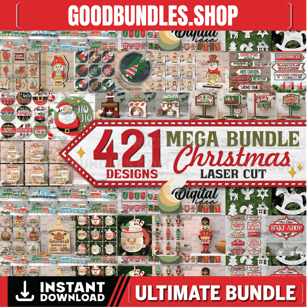 Christmas Laser cut Mega Bundle, 421 Xmas 3D lasercut designs, Christmas decor, lantern laser cut SVG, wooden xmas tree ornaments, sign svg