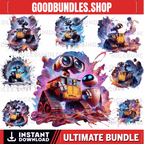 8 PNG Wall-E Splash and Watercolor Digital design PNG file for sublimation – High Resolution -Instant Digital PNG Download