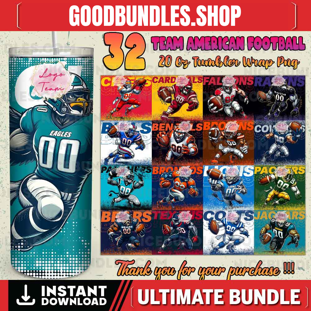 32 Team American Football Tumbler PNG Sublimation Designs, Football Mascot 20oz Skinny Tumbler Wrap PNG, Football Png Digital Download, NFL Tumbler