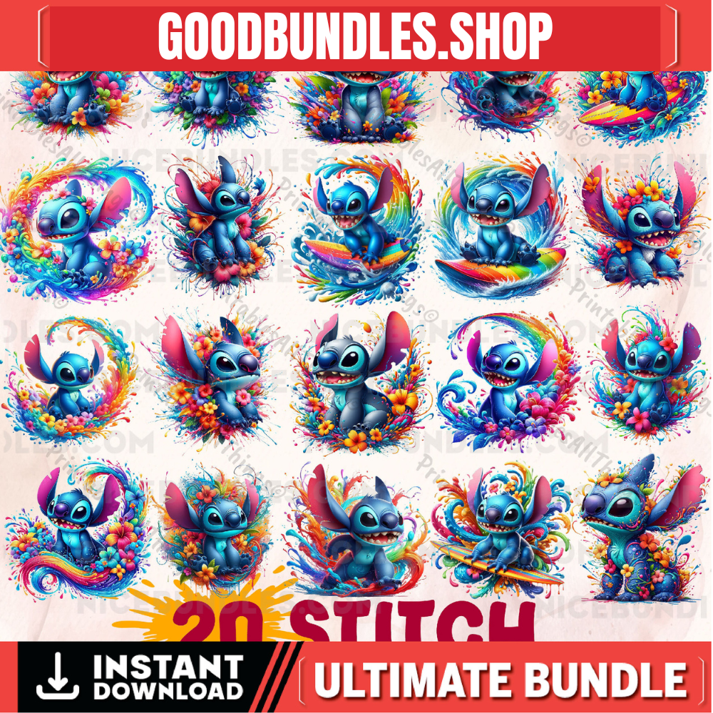 20 New Stitch Splash and Watercolor Clipart Sublimation PNG files | High Resolution | Transparent background | Instant Digital PNG Download