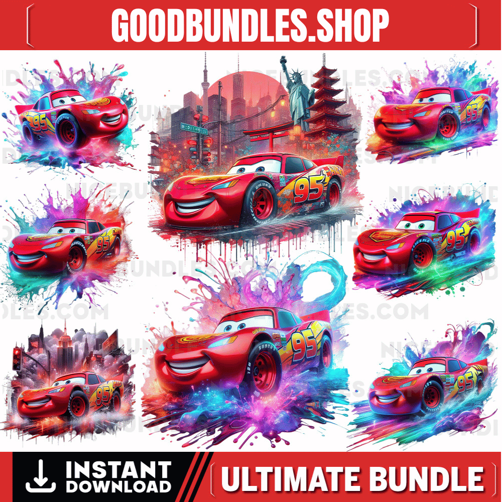 8 PNG Lightning McQueen Cars Splash and Watercolor Digital design PNG file for sublimation – High Resolution -Instant Digital PNG Download
