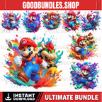 8 PNG Super Mario Splash and Watercolor Digital design PNG file for sublimation – High Resolution -Instant Digital PNG Download