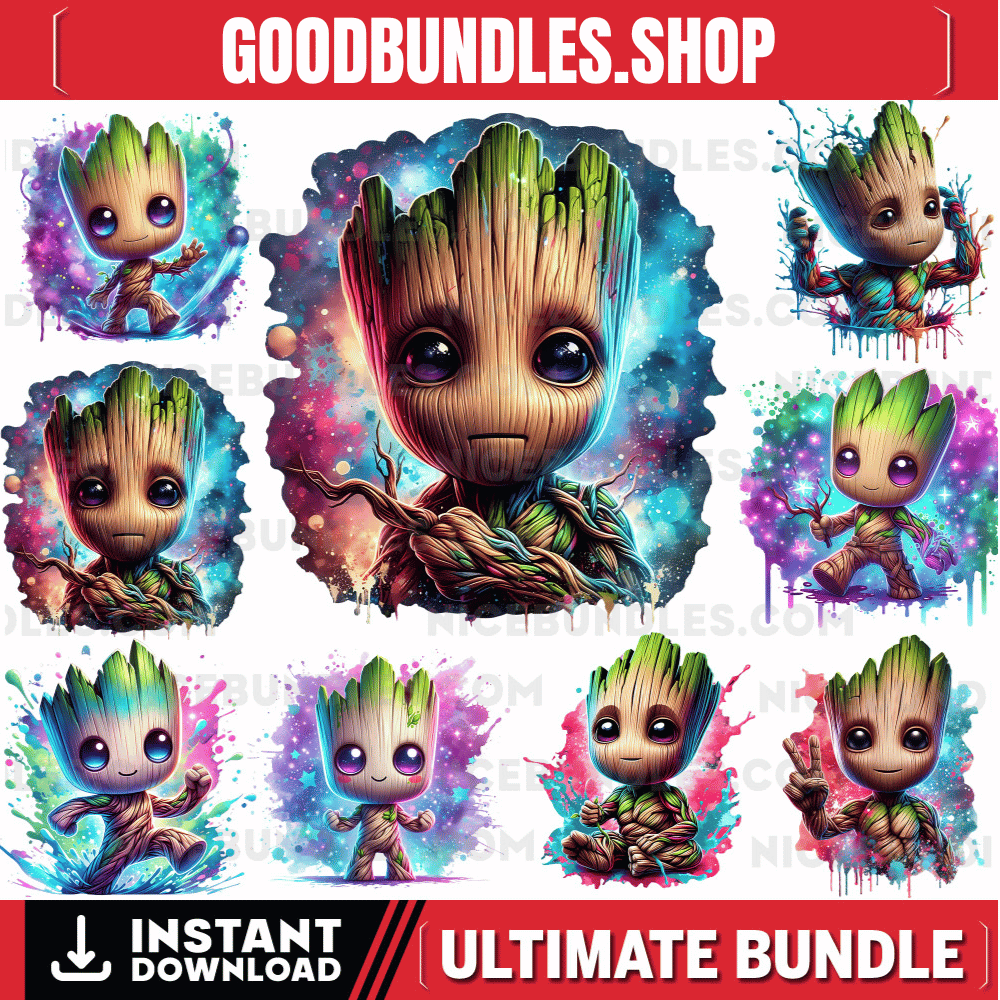 Set of 8 Watercolor splash Baby Groot png Digital images for printing, T-Shirts, Groot Print High Resolution-Instant Digital Download