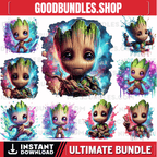 Set of 8 Watercolor splash Baby Groot png Digital images for printing, T-Shirts, Groot Print High Resolution-Instant Digital Download