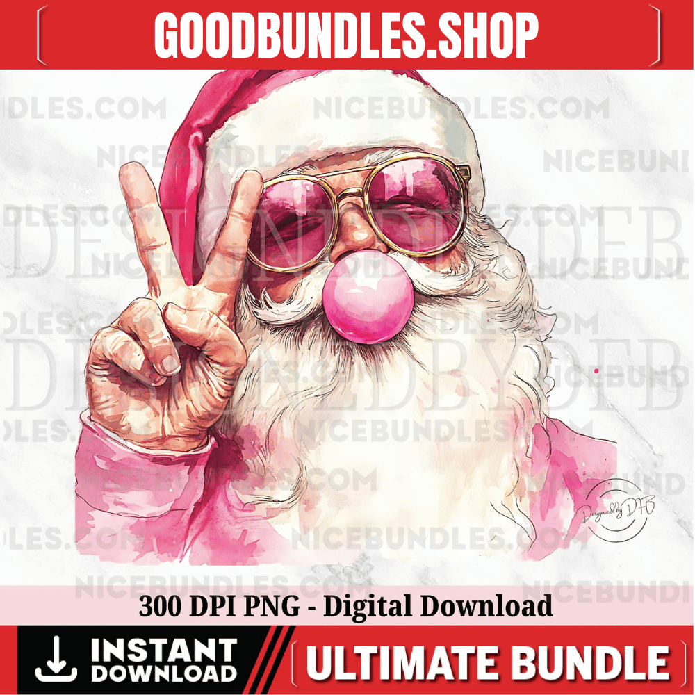 Retro Santa Christmas Blowing Bubble PNG, Vintage Merry Christmas PNG, Funny Santa With Sunglasses Xmas Holiday Sublimation Digital Download