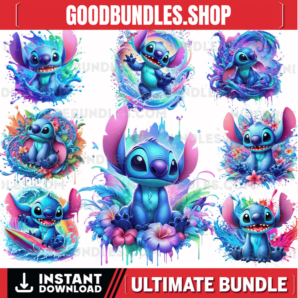 8 PNG Stitch Splash and Watercolor Digital design PNG file for sublimation – High Resolution -Instant Digital PNG Download