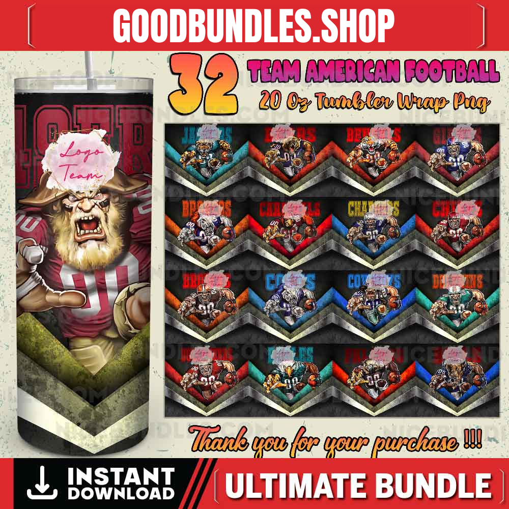 32 Team American Football Tumbler PNG Sublimation Designs, Football Mascot 20oz Skinny Tumbler Wrap PNG, Football Png Digital Download, NFL Tumbler