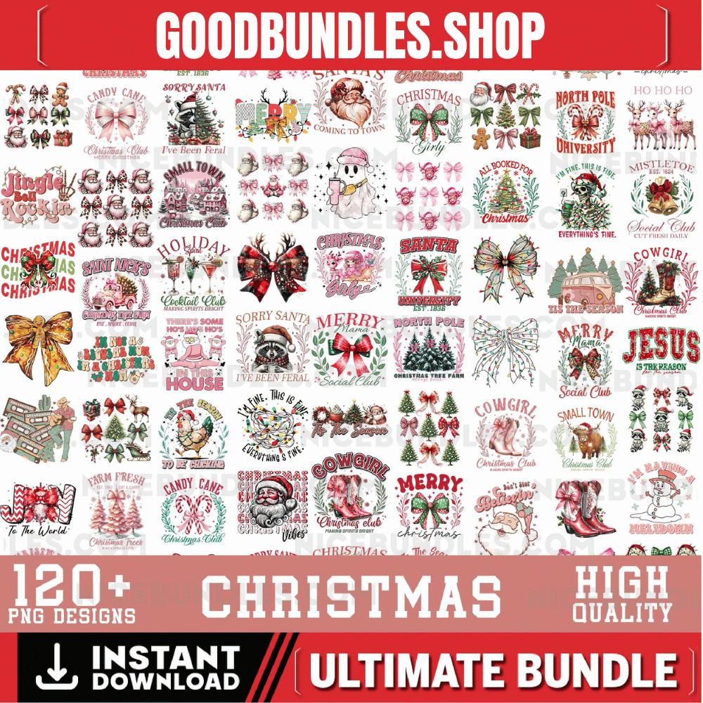 120+ Christmas PNG Bundle Coquette Bow Merry Christmas Western Santa Claus Trendy Girly Christmas Mama Tis The Season Sublimation Designs