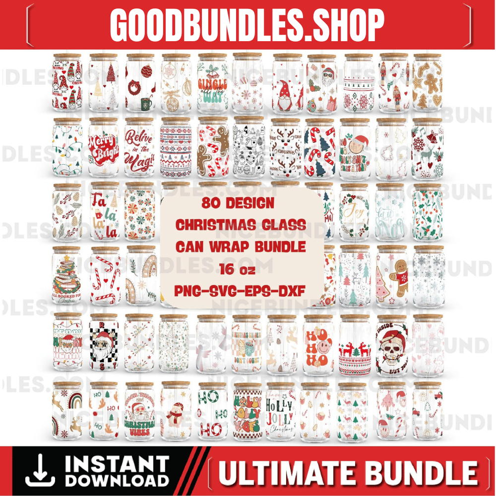 80 Christmas Glass CanBundle Svg | Christmas 16Oz Libbey Glass Can Wrap | Svg Files for Cricut & Silhouette Cameo | Christmas Glassware