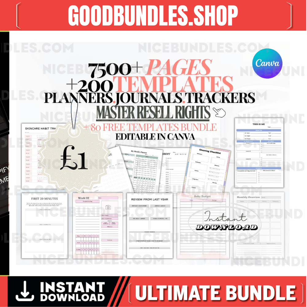 7500+ Templates, Planners, Trackers, Journals And Calendars For Personal Use Or To Re-Brand And Resell With Master Label Rights MRR + PLR