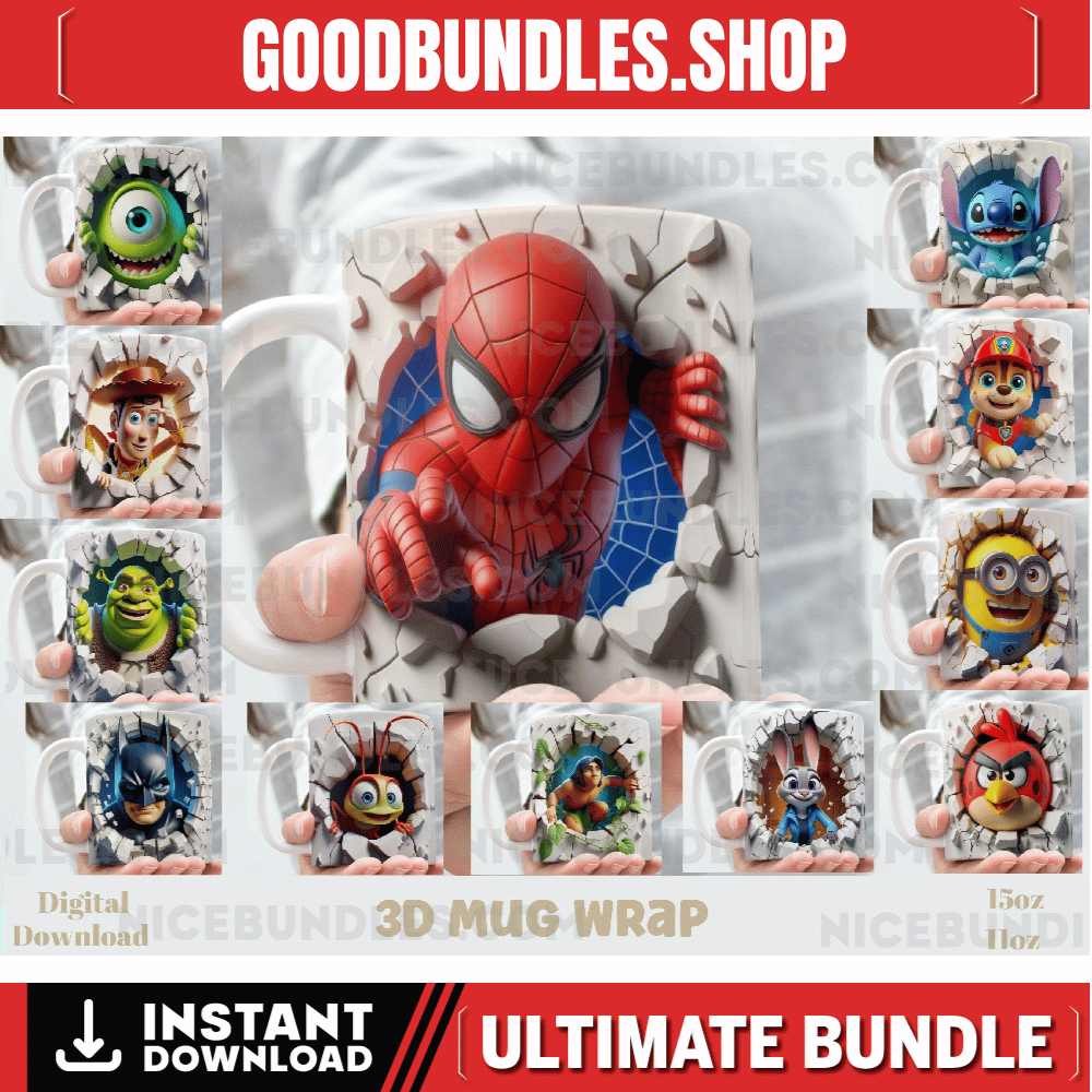 3D Effect Classic Cartoon Movies Character Mug Wrap, 11 oz & 15 oz Mug Bundle Sublimation Wrap, Instant Digital Download, PNG Template
