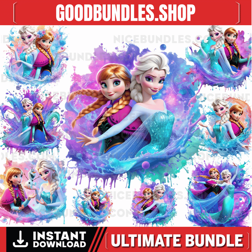8 PNG Elsa and Anna Frozen Splash and Watercolor Digital design PNG file for sublimation – High Resolution -Instant Digital PNG Download