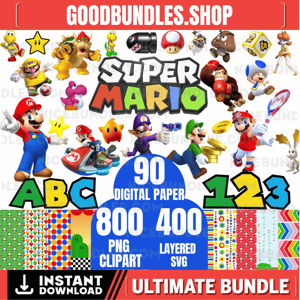 Super Mario Clipart Png, Super Mario Layerd Svg, Super mario alphabet, Super mario digital paper, luigi bowser boo png