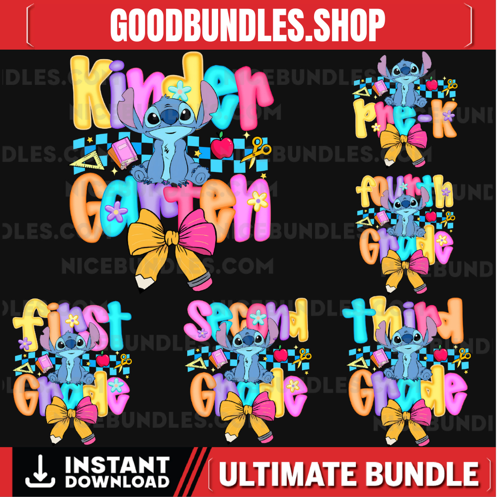 Preppy Pre-K To 4th Grade, Cartoon Pastel Bow Png, Cartoon First Day Of School Design, Blue Alien Back To School PNG Bundle, Cute School PNG