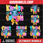 Preppy Pre-K To 4th Grade, Cartoon Pastel Bow Png, Cartoon First Day Of School Design, Blue Alien Back To School PNG Bundle, Cute School PNG