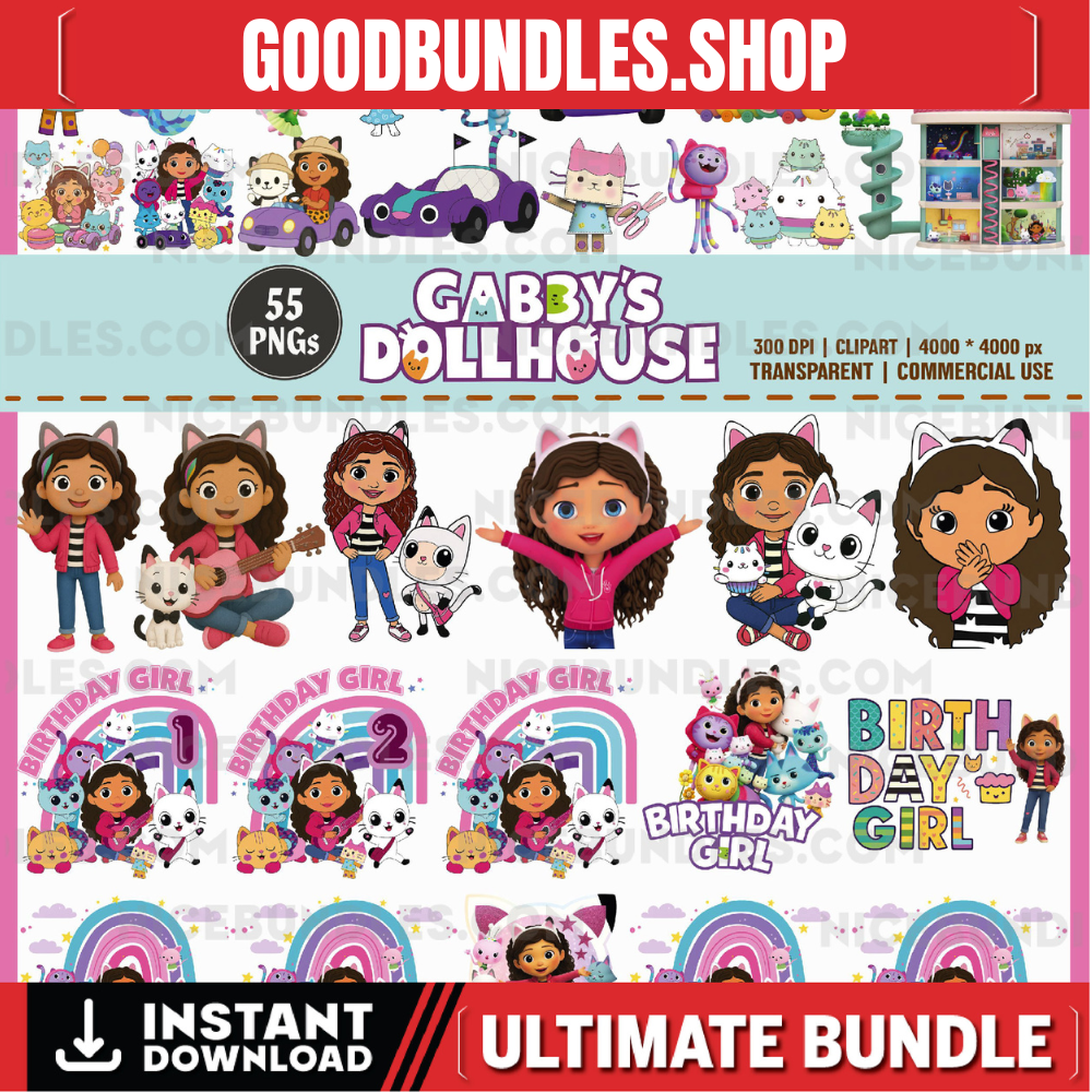 Gabby’s Dollhouse Birthday Clipart Bundle – 55 PNG, Gabby Dollhouse PNG, Gabby clipart Art, Gabby Dollhouse Shirt Png, Tumbler Dollhouse,