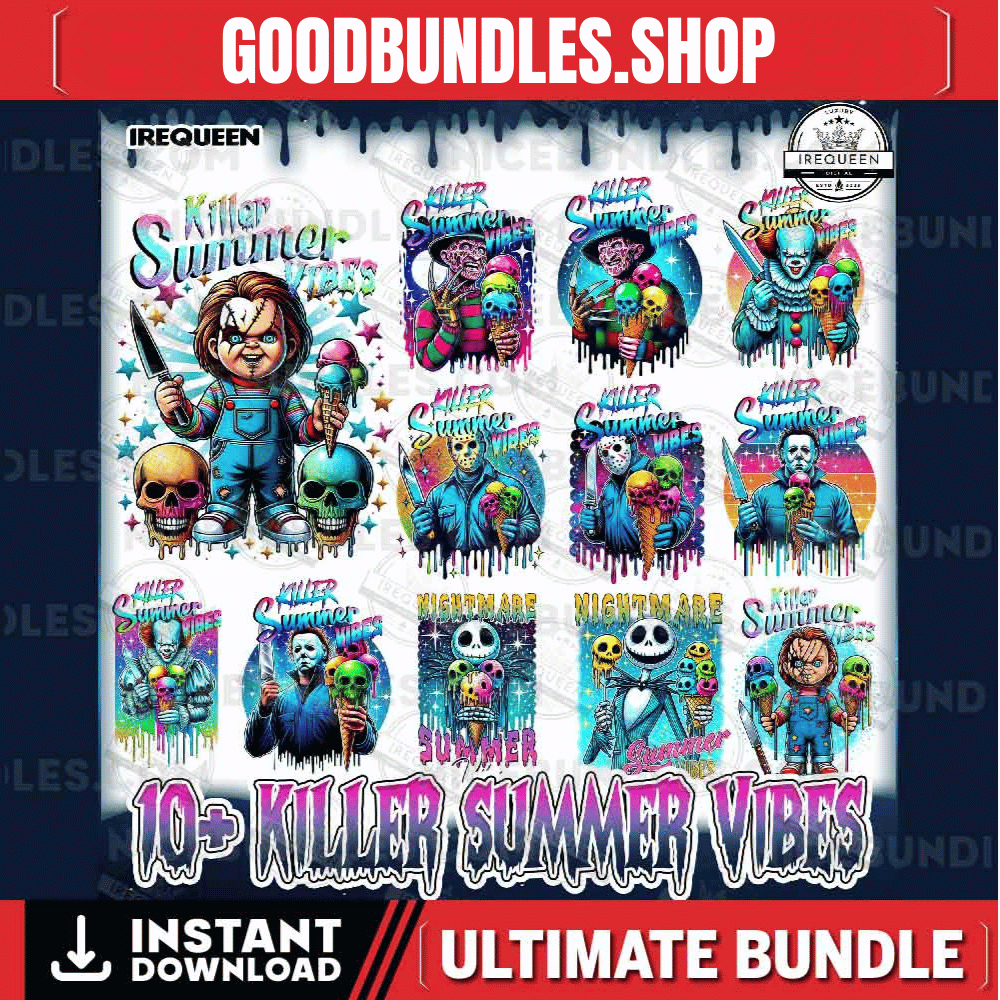 10+ Killers Summer Vibes PNG Bundle, Chillin’ Like A Killer Png, Horror’s Vacation Png, Cute Horror, Funny Pool Shirt Design, Digital File
