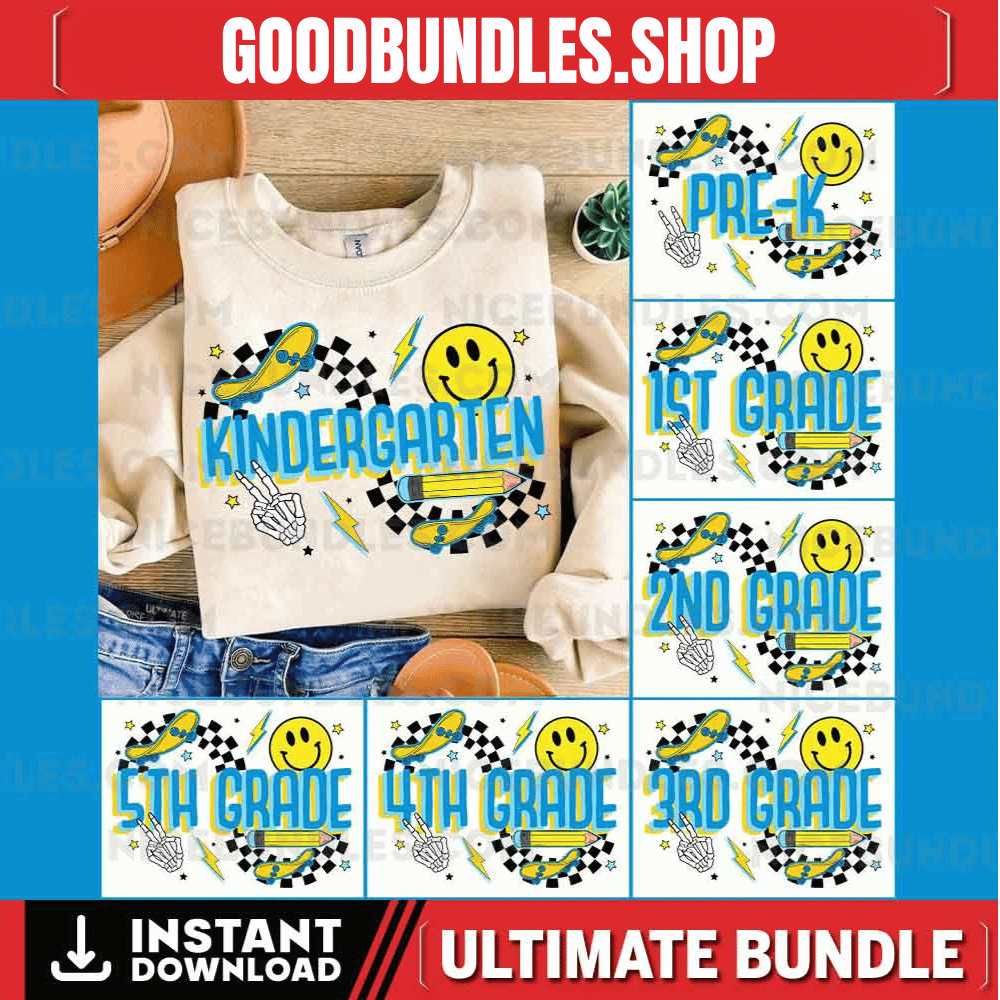 Back to School For Boys Bundle, Kindergarten, Pre K PNG, First Day Of School, School Png, Retro PNG, First/ Second/ Third Grade Design