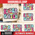 Retro Back to School Bundle, Kindergarten, First Day Of School, School Png, Retro PNG, First/Second/Third Grade Design, School Bundle Png