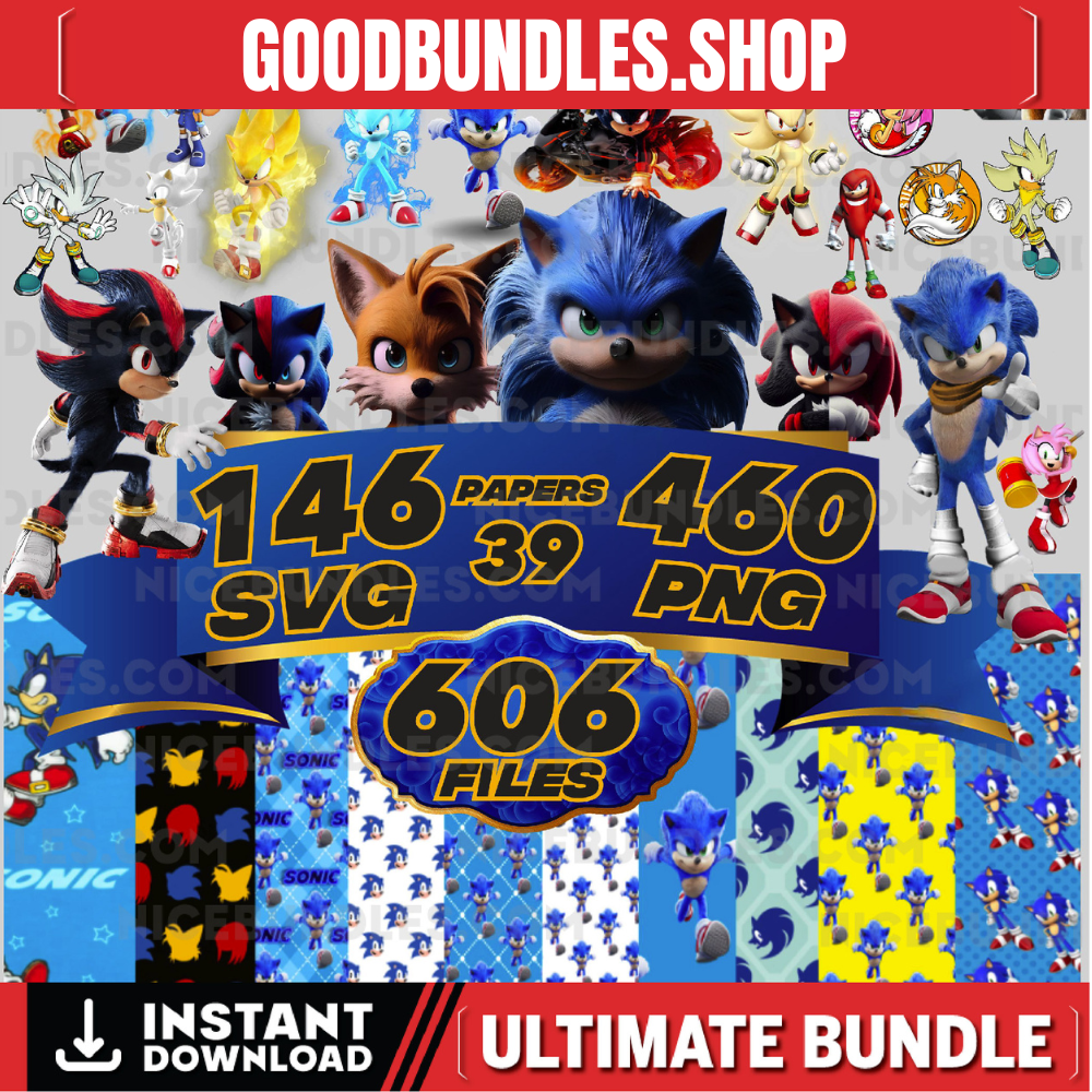 super sonic Hedgehog bundle 460 Png & 146 Svg, Sonic and shadow font and All Characters, Fonts, papers, stickers, birthday Digital Download.